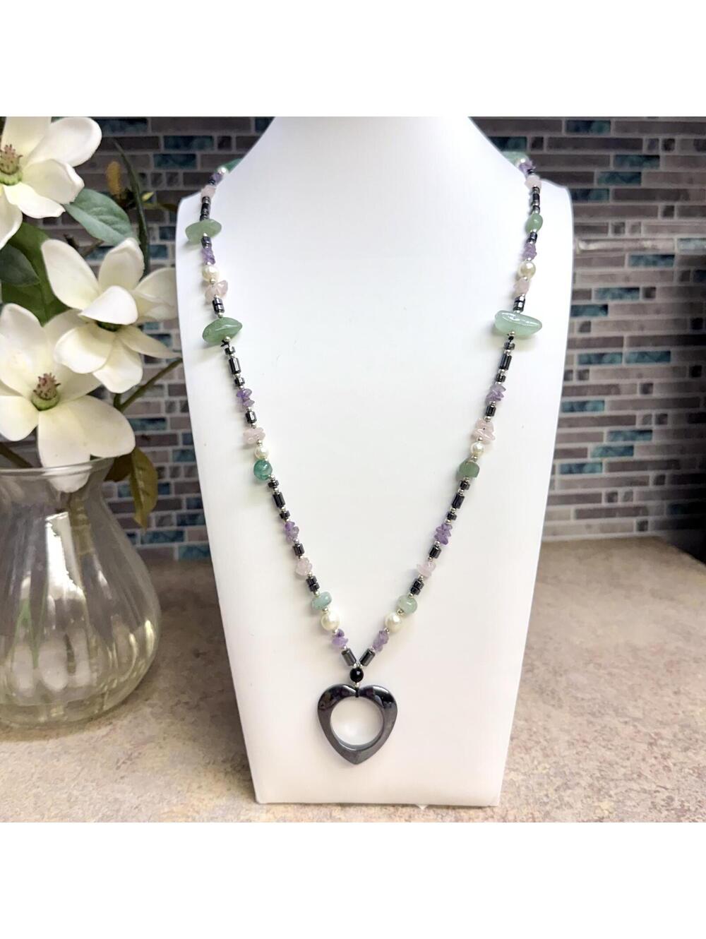 Beaded hematite and natural stone necklace